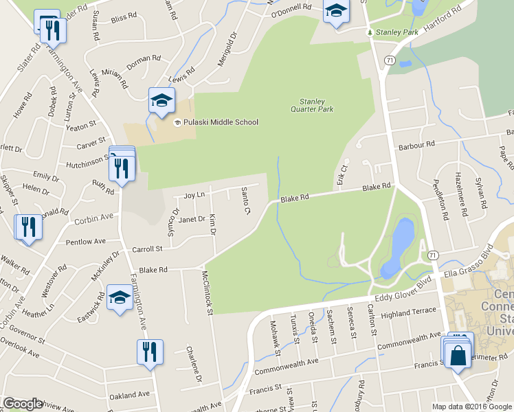 map of restaurants, bars, coffee shops, grocery stores, and more near 40 Santo Court in New Britain
