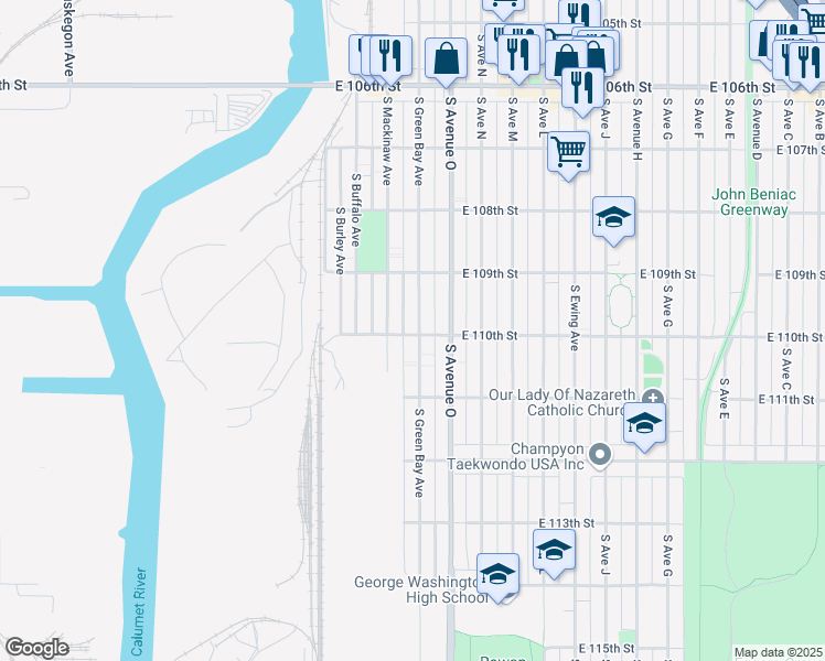 map of restaurants, bars, coffee shops, grocery stores, and more near 10958 South Green Bay Avenue in Chicago