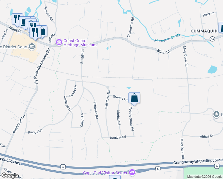 map of restaurants, bars, coffee shops, grocery stores, and more near 110 Salt Rock Rd in Barnstable