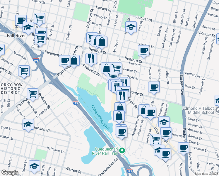 map of restaurants, bars, coffee shops, grocery stores, and more near 867 Pleasant Street in Fall River