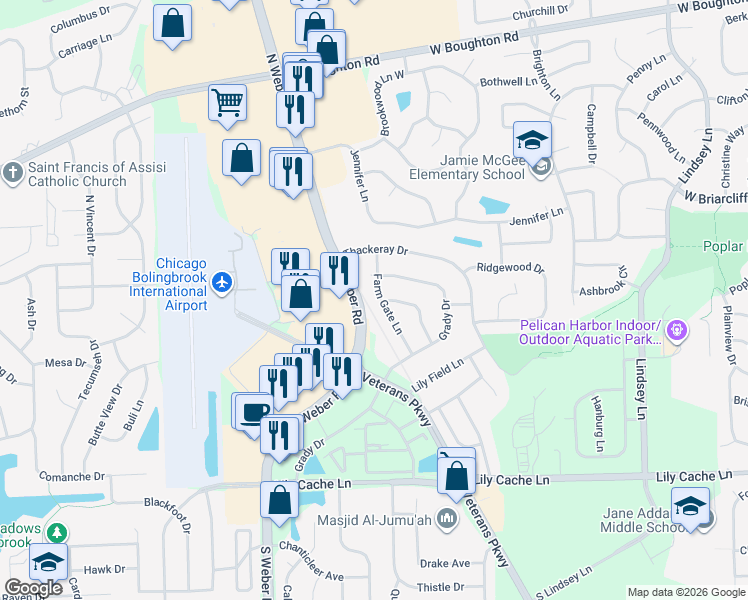 map of restaurants, bars, coffee shops, grocery stores, and more near 148 Farm Gate Lane in Bolingbrook