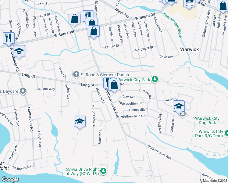 map of restaurants, bars, coffee shops, grocery stores, and more near 426 Buttonwoods Avenue in Warwick