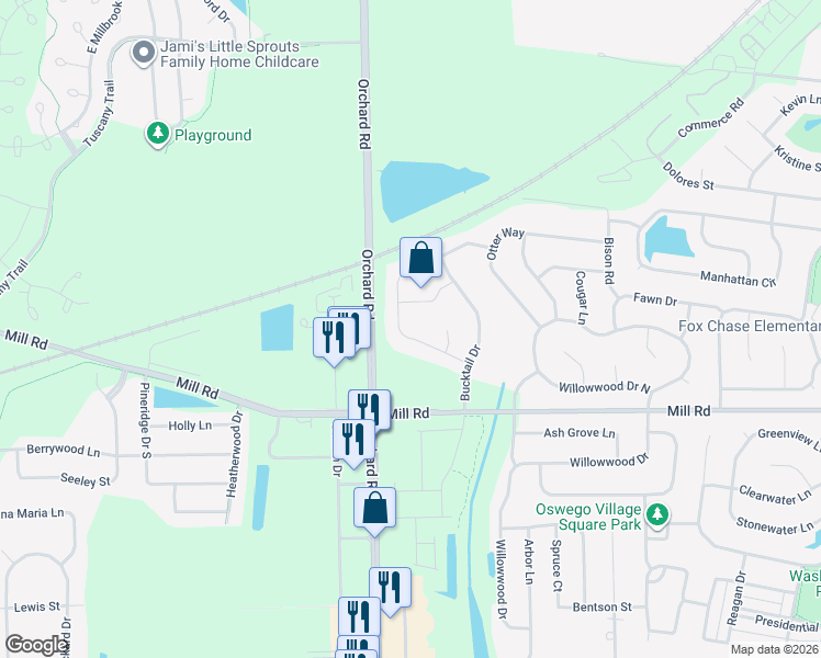 map of restaurants, bars, coffee shops, grocery stores, and more near 312 Wolverine Drive in Oswego