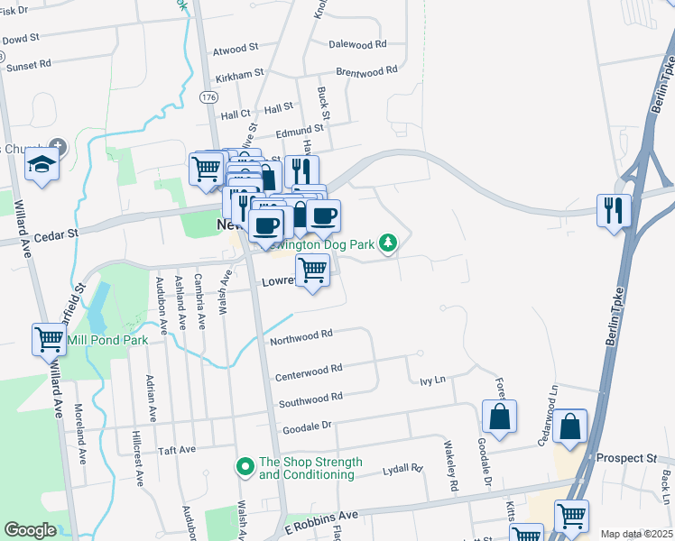 map of restaurants, bars, coffee shops, grocery stores, and more near 249 Lowrey Place in Newington