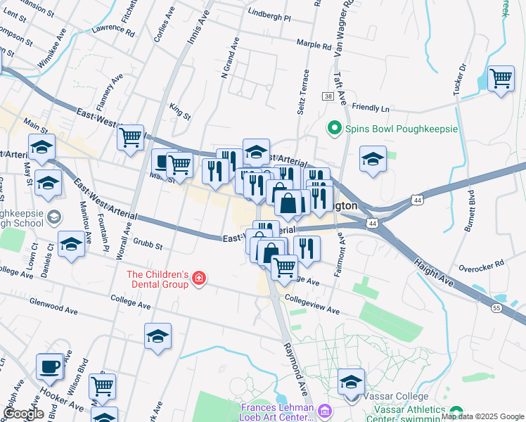 map of restaurants, bars, coffee shops, grocery stores, and more near 800 Main Street in Poughkeepsie