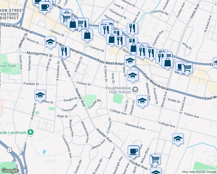 map of restaurants, bars, coffee shops, grocery stores, and more near 144 South Cherry Street in Poughkeepsie