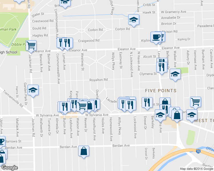 map of restaurants, bars, coffee shops, grocery stores, and more near 4212 Lowe Road in Toledo