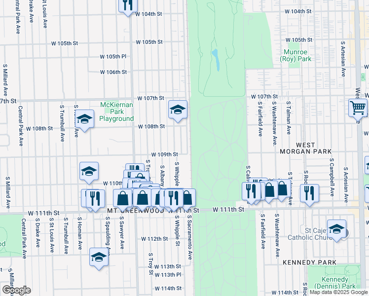 map of restaurants, bars, coffee shops, grocery stores, and more near 10848 S Sacramento Ave in Chicago