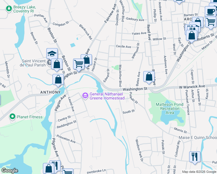 map of restaurants, bars, coffee shops, grocery stores, and more near 509 Washington Street in Coventry