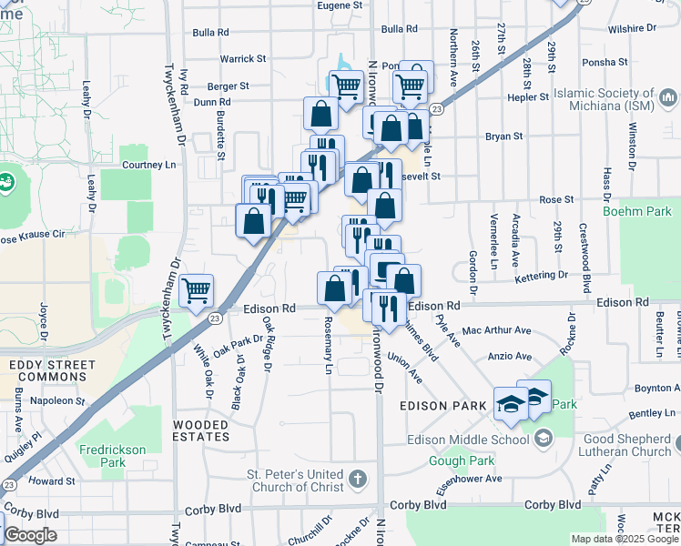 map of restaurants, bars, coffee shops, grocery stores, and more near 1564 Rosemary Lane in South Bend