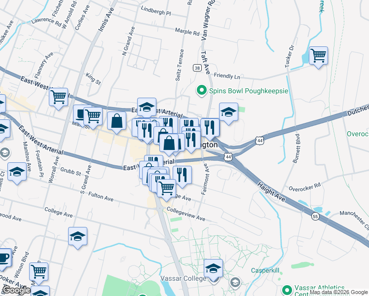 map of restaurants, bars, coffee shops, grocery stores, and more near 3 Fowler Avenue in Poughkeepsie