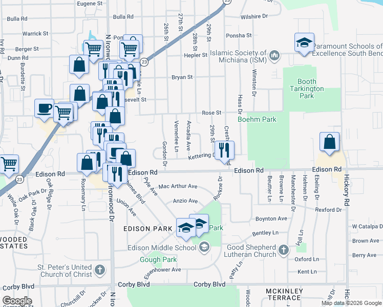map of restaurants, bars, coffee shops, grocery stores, and more near 1506 Arcadia Avenue in South Bend