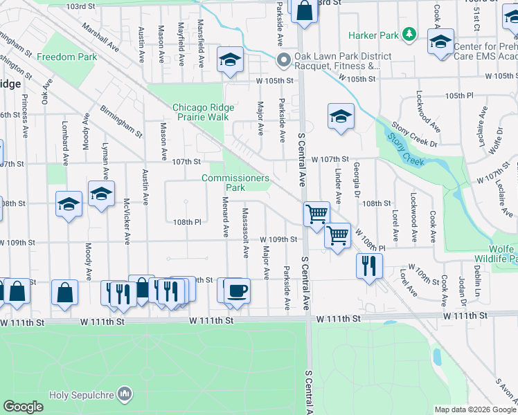 map of restaurants, bars, coffee shops, grocery stores, and more near 10822 Major Avenue in Chicago Ridge