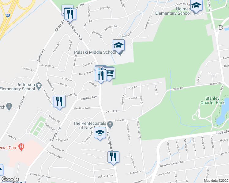 map of restaurants, bars, coffee shops, grocery stores, and more near 662 Farmington Avenue in New Britain