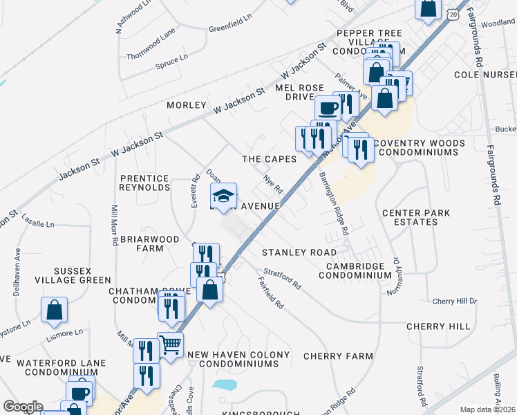 map of restaurants, bars, coffee shops, grocery stores, and more near 13 Doan Avenue North in Painesville