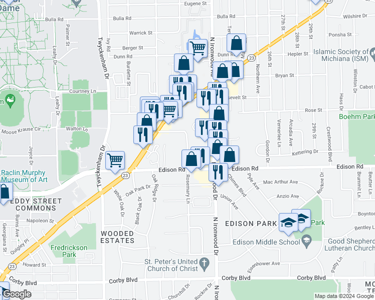 map of restaurants, bars, coffee shops, grocery stores, and more near 1400 Rosemary Lane in South Bend