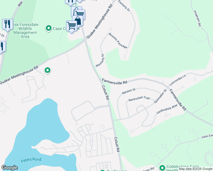 map of restaurants, bars, coffee shops, grocery stores, and more near 211 Farmersville Road in Sandwich
