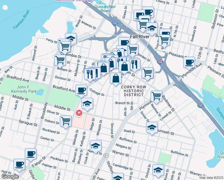 map of restaurants, bars, coffee shops, grocery stores, and more near 513 Third Street in Fall River