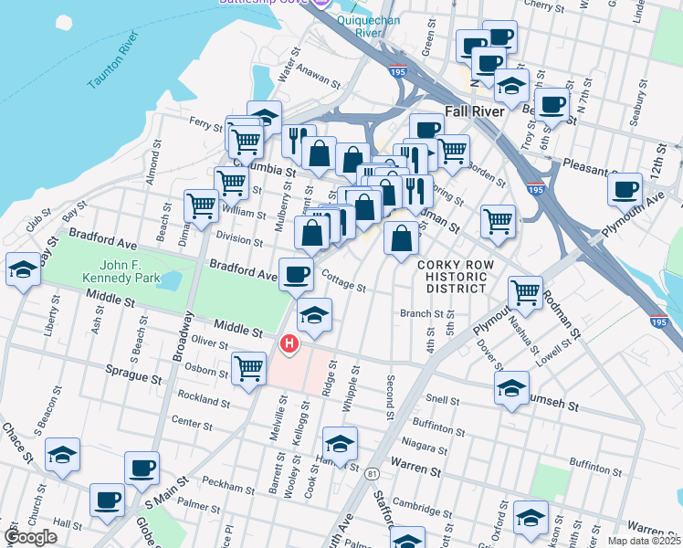 map of restaurants, bars, coffee shops, grocery stores, and more near 76 Cottage Street in Fall River