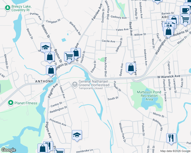 map of restaurants, bars, coffee shops, grocery stores, and more near 511 Washington Street in Coventry