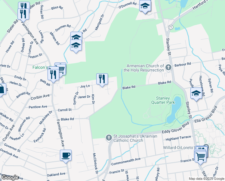 map of restaurants, bars, coffee shops, grocery stores, and more near 40 Santo Court in New Britain