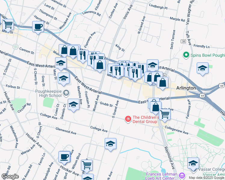 map of restaurants, bars, coffee shops, grocery stores, and more near 409 Baker Street in Poughkeepsie