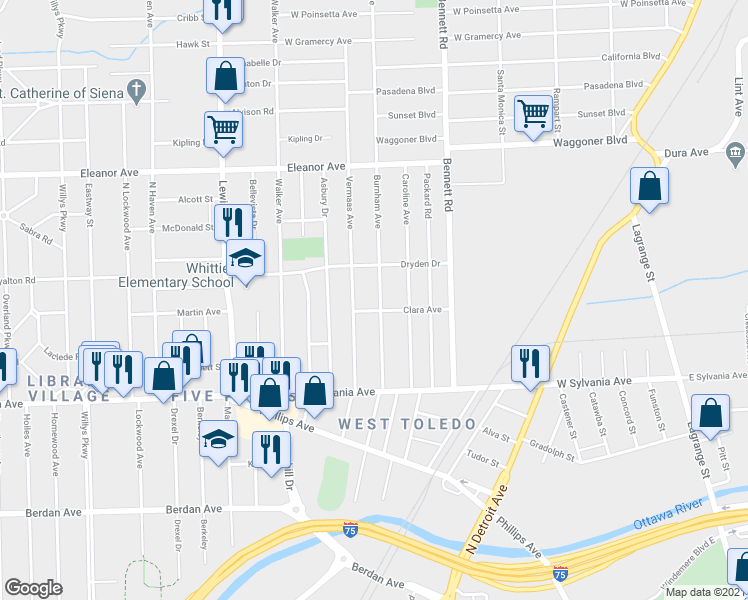 map of restaurants, bars, coffee shops, grocery stores, and more near 4202 Burnham Avenue in Toledo
