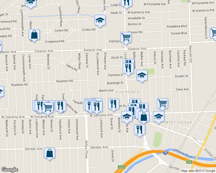 map of restaurants, bars, coffee shops, grocery stores, and more near in Toledo