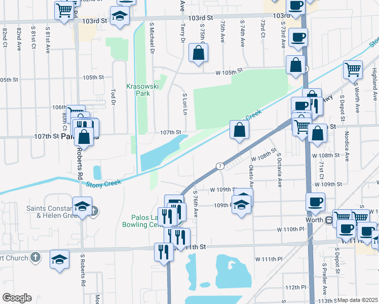 map of restaurants, bars, coffee shops, grocery stores, and more near 10812 South 76th Avenue in Worth