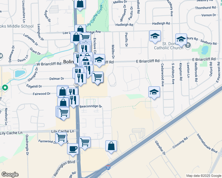 map of restaurants, bars, coffee shops, grocery stores, and more near 265 Lakeshore Drive in Bolingbrook