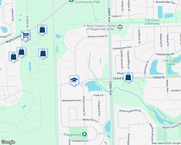 map of restaurants, bars, coffee shops, grocery stores, and more near 24940 103rd Street in Naperville