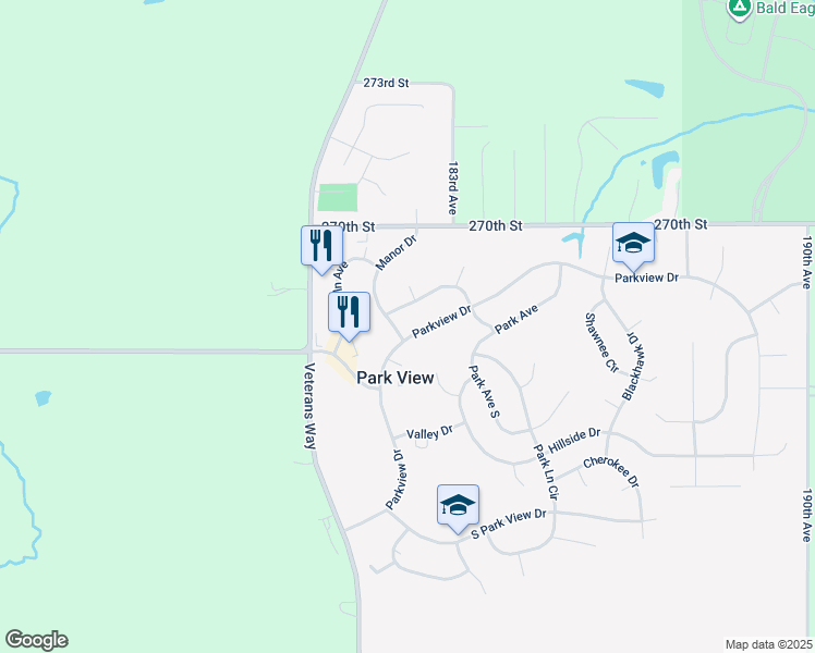 map of restaurants, bars, coffee shops, grocery stores, and more near 21 Parkview Drive in Eldridge