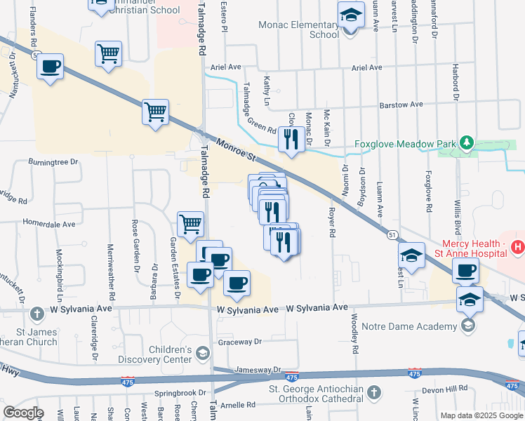 map of restaurants, bars, coffee shops, grocery stores, and more near 5001 Monroe Street in Toledo