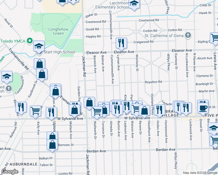 map of restaurants, bars, coffee shops, grocery stores, and more near 4218 Belmar Avenue in Toledo