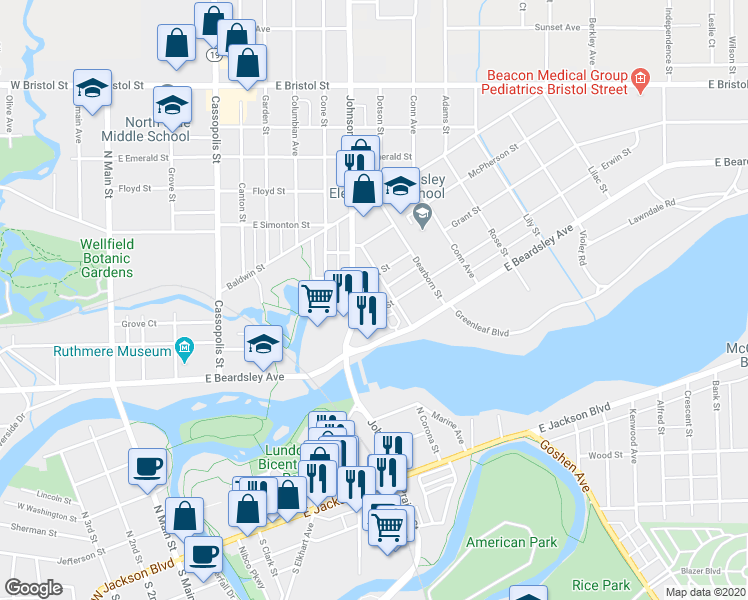 map of restaurants, bars, coffee shops, grocery stores, and more near 834 Erwin Street in Elkhart