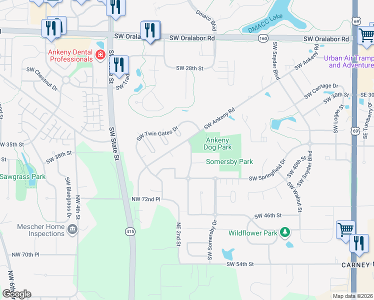 map of restaurants, bars, coffee shops, grocery stores, and more near 3504 Southwest Goodwin Street in Ankeny