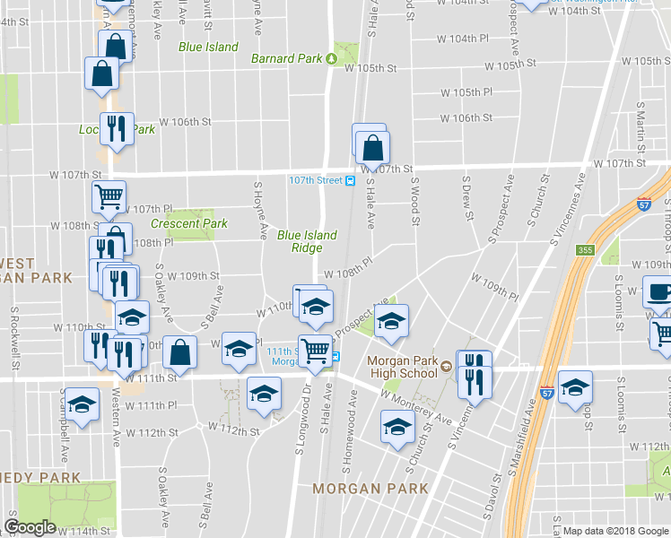 map of restaurants, bars, coffee shops, grocery stores, and more near 1918 West 108th Place in Chicago