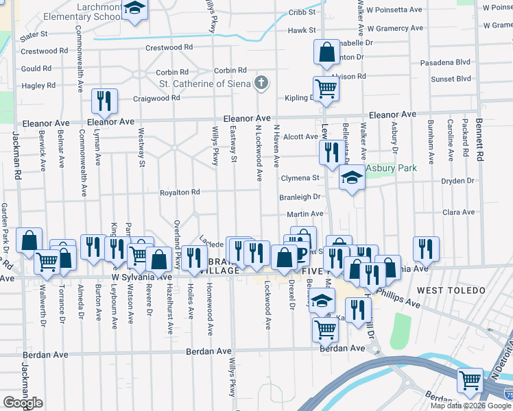 map of restaurants, bars, coffee shops, grocery stores, and more near 4210 North Lockwood Avenue in Toledo