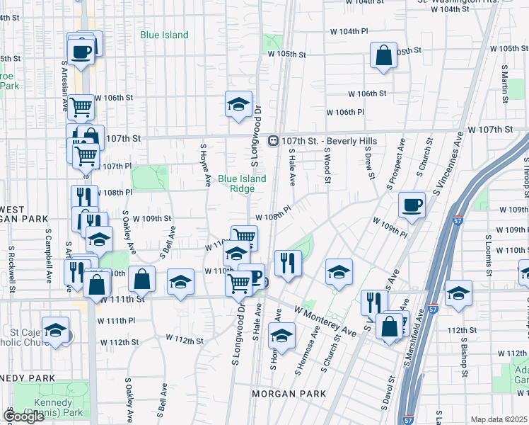 map of restaurants, bars, coffee shops, grocery stores, and more near 1918 West 108th Place in Chicago