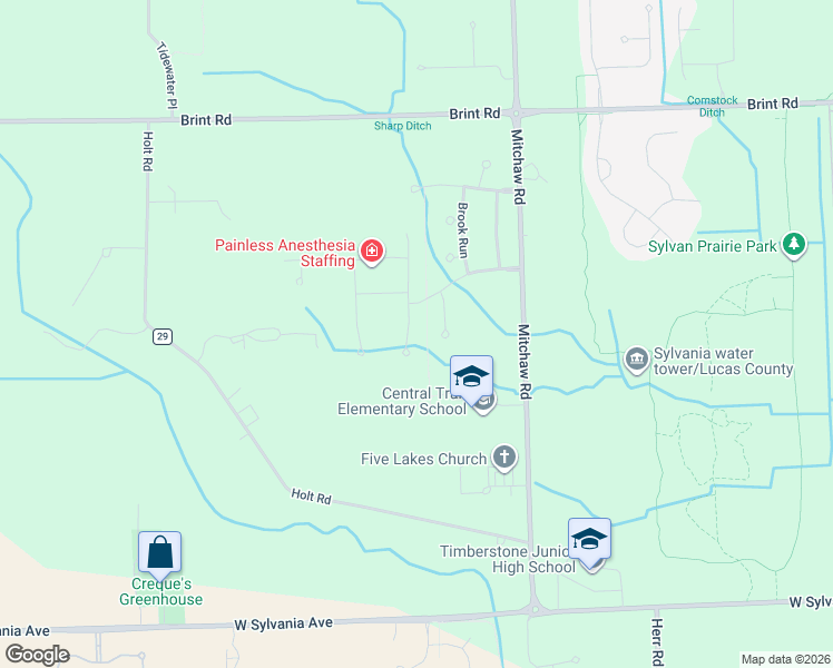 map of restaurants, bars, coffee shops, grocery stores, and more near 4598 Sunny Creek Lane in Sylvania