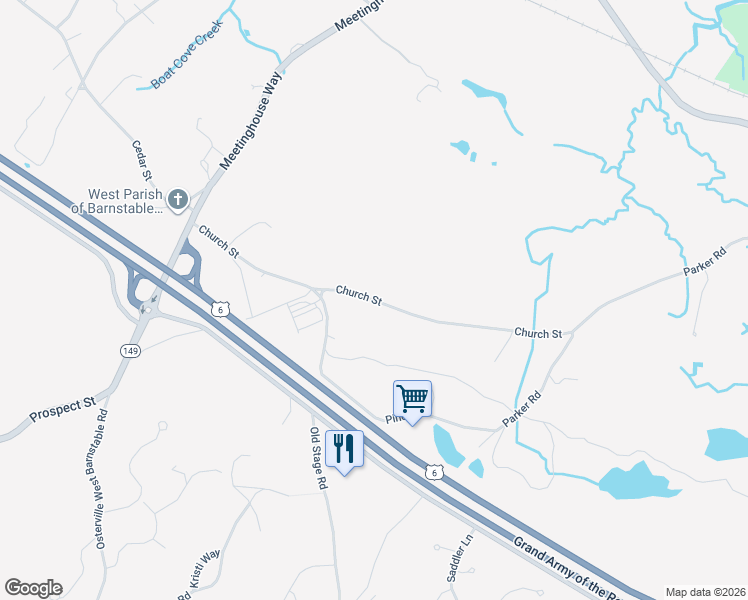 map of restaurants, bars, coffee shops, grocery stores, and more near Church Street in Barnstable