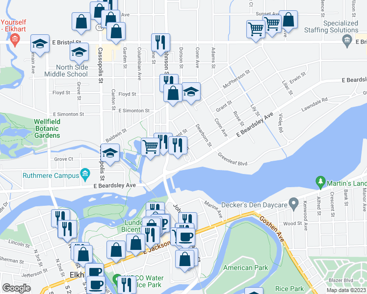 map of restaurants, bars, coffee shops, grocery stores, and more near 901 Howard Street in Elkhart