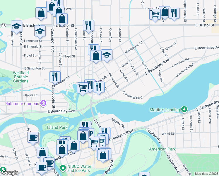 map of restaurants, bars, coffee shops, grocery stores, and more near 911 Erwin Street in Elkhart