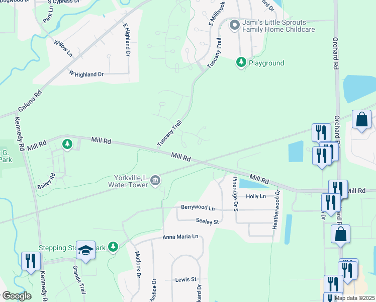 map of restaurants, bars, coffee shops, grocery stores, and more near 3921 Havenhill Court in Yorkville