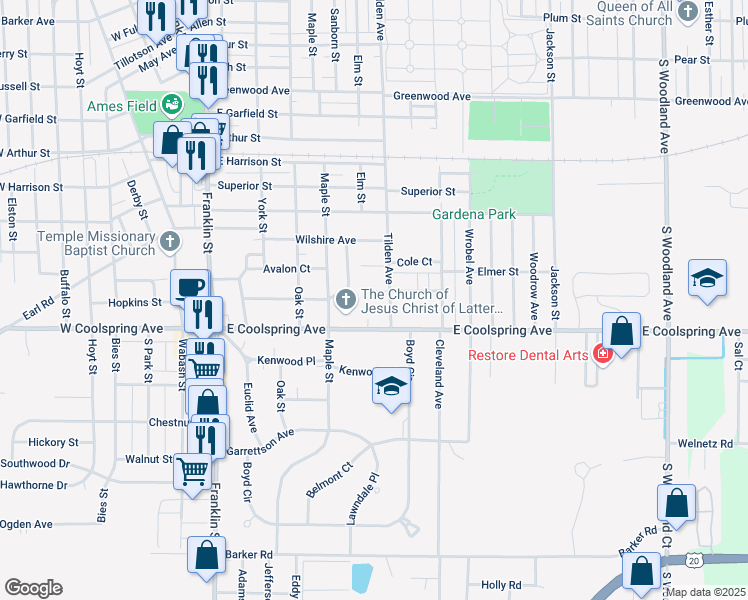 map of restaurants, bars, coffee shops, grocery stores, and more near 401-499 Beverly Court in Michigan City