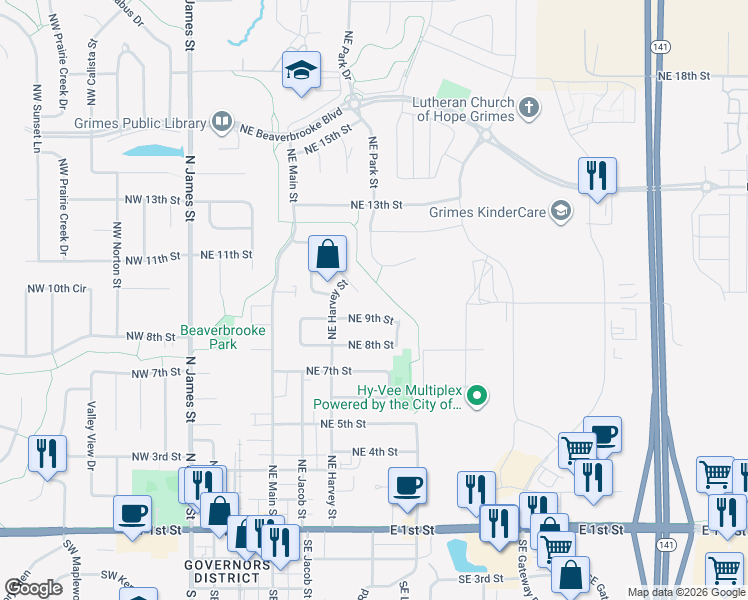 map of restaurants, bars, coffee shops, grocery stores, and more near 721 Northeast 9th Street in Grimes
