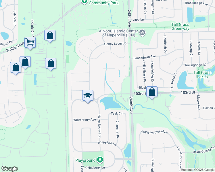map of restaurants, bars, coffee shops, grocery stores, and more near 24940 103rd Street in Naperville