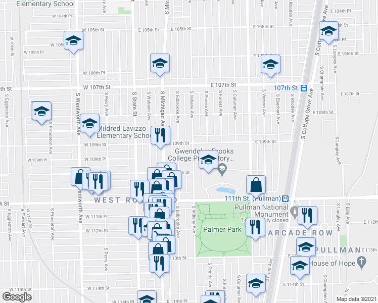 map of restaurants, bars, coffee shops, grocery stores, and more near 10914 South Indiana Avenue in Chicago