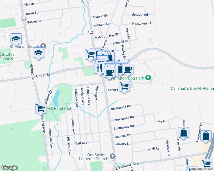 map of restaurants, bars, coffee shops, grocery stores, and more near 1170 Main Street in Newington