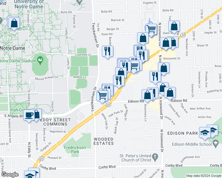 map of restaurants, bars, coffee shops, grocery stores, and more near 1559 Turtle Creek Drive in South Bend